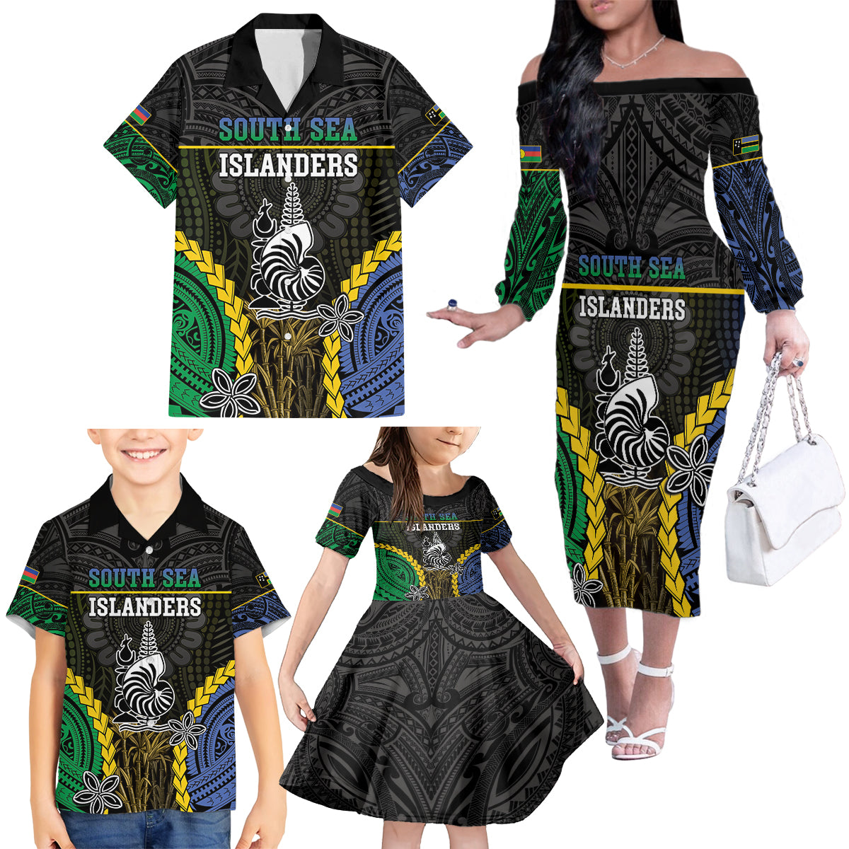 Personalised South Sea Islanders And New Caledonia Family Matching Off The Shoulder Long Sleeve Dress and Hawaiian Shirt Kanakas Polynesian Pattern LT05 - Polynesian Pride