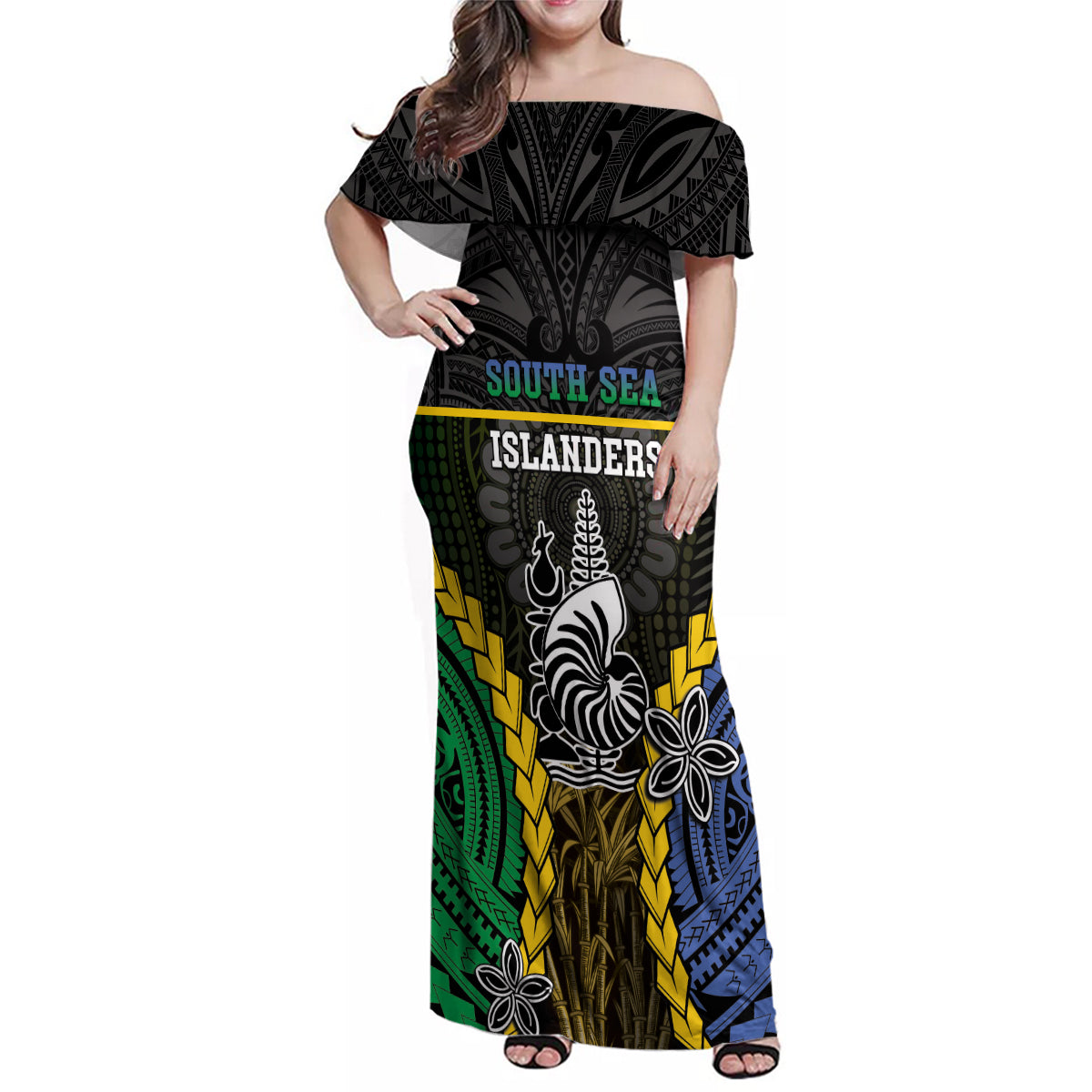 Personalised South Sea Islanders And New Caledonia Family Matching Off Shoulder Maxi Dress and Hawaiian Shirt Kanakas Polynesian Pattern LT05 Mom's Dress Black - Polynesian Pride