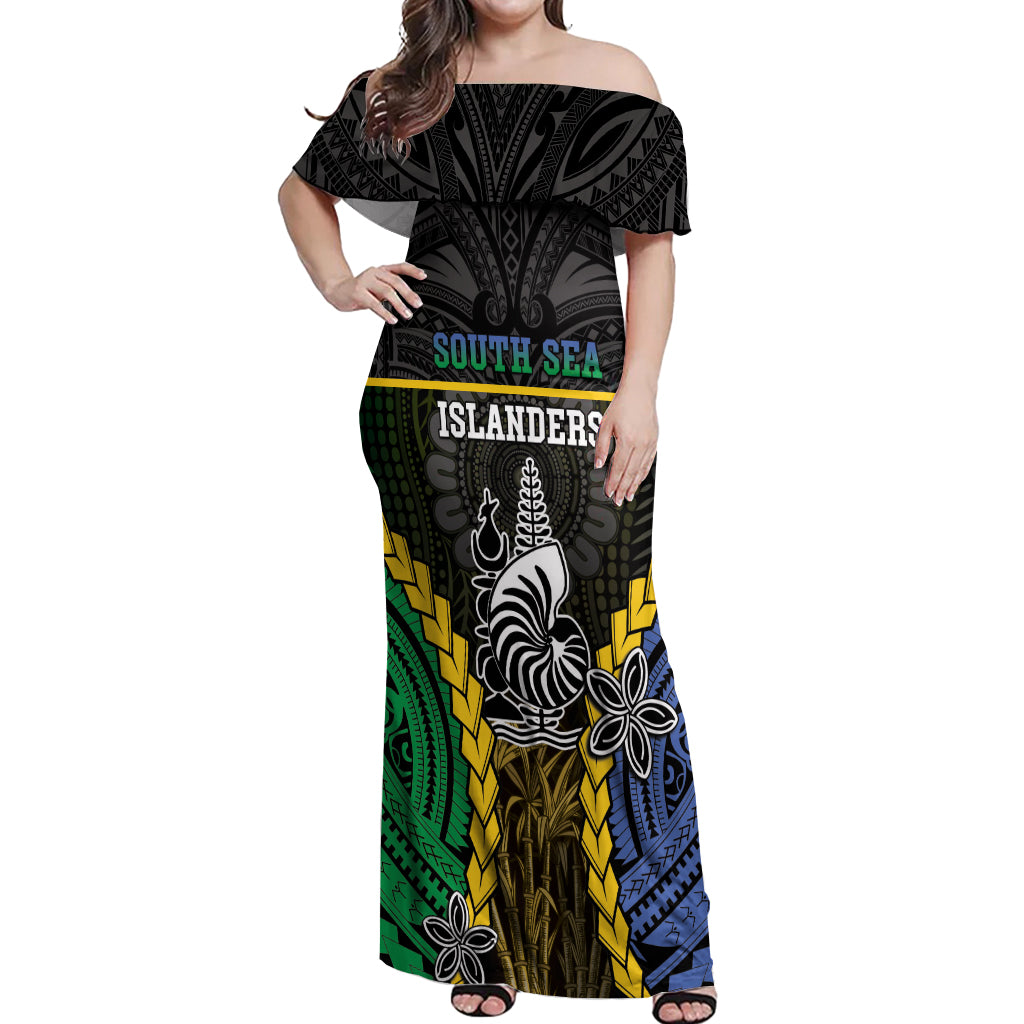 Personalised South Sea Islanders And New Caledonia Off Shoulder Maxi Dress Kanakas Polynesian Pattern LT05 Women Black - Polynesian Pride