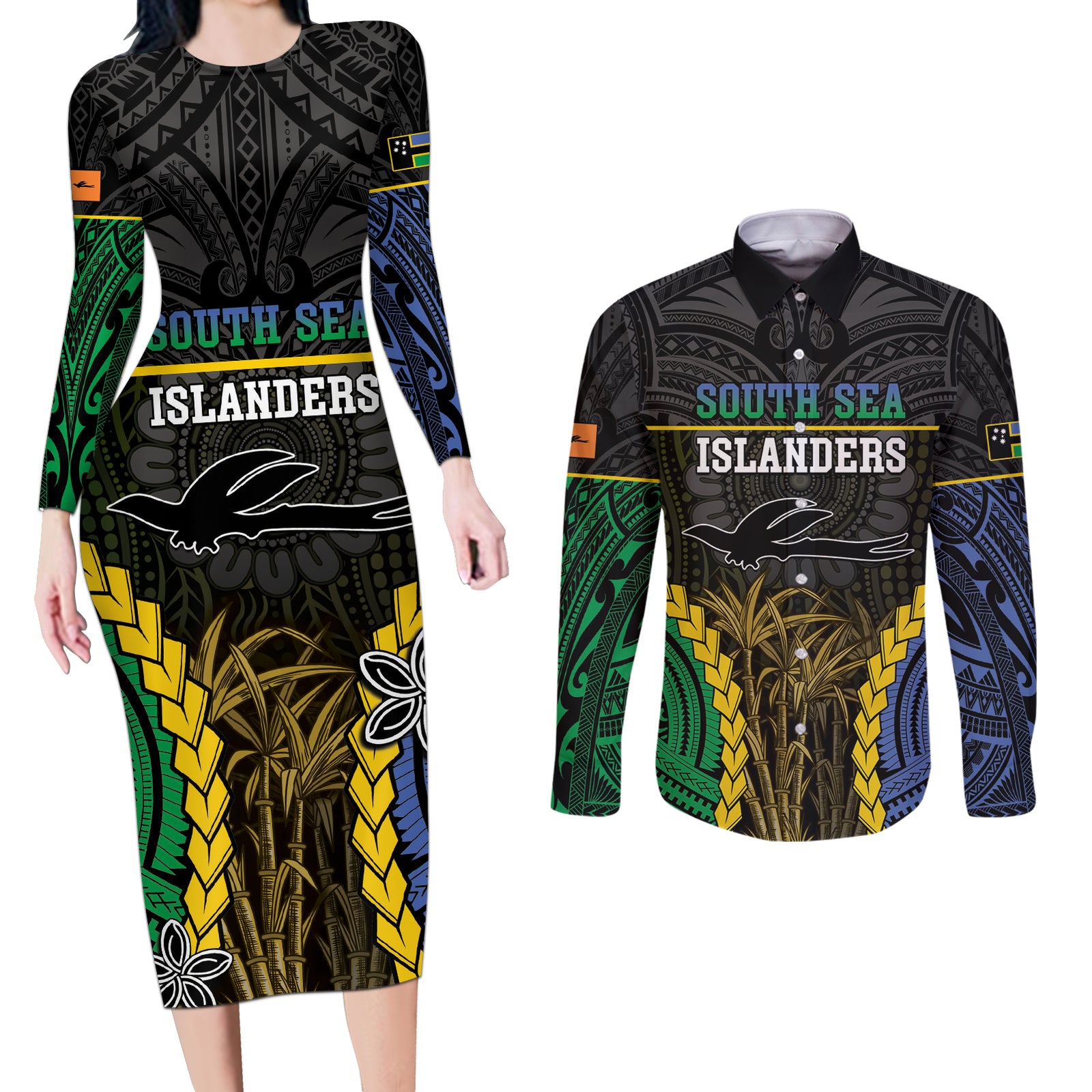 Personalised South Sea Islanders And New Ireland Couples Matching Long Sleeve Bodycon Dress and Long Sleeve Button Shirt Kanakas Polynesian Pattern