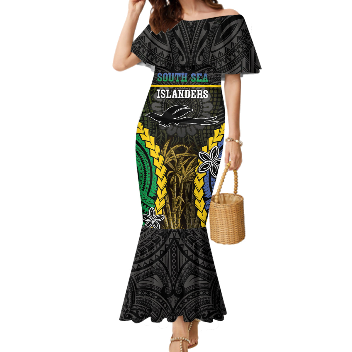 Personalised South Sea Islanders And New Ireland Family Matching Mermaid Dress and Hawaiian Shirt Kanakas Polynesian Pattern LT05 Mom's Dress Black - Polynesian Pride