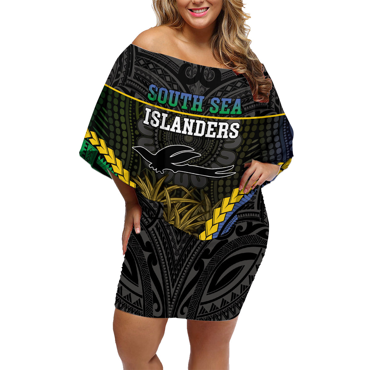 Personalised South Sea Islanders And New Ireland Family Matching Off Shoulder Short Dress and Hawaiian Shirt Kanakas Polynesian Pattern LT05 Mom's Dress Black - Polynesian Pride
