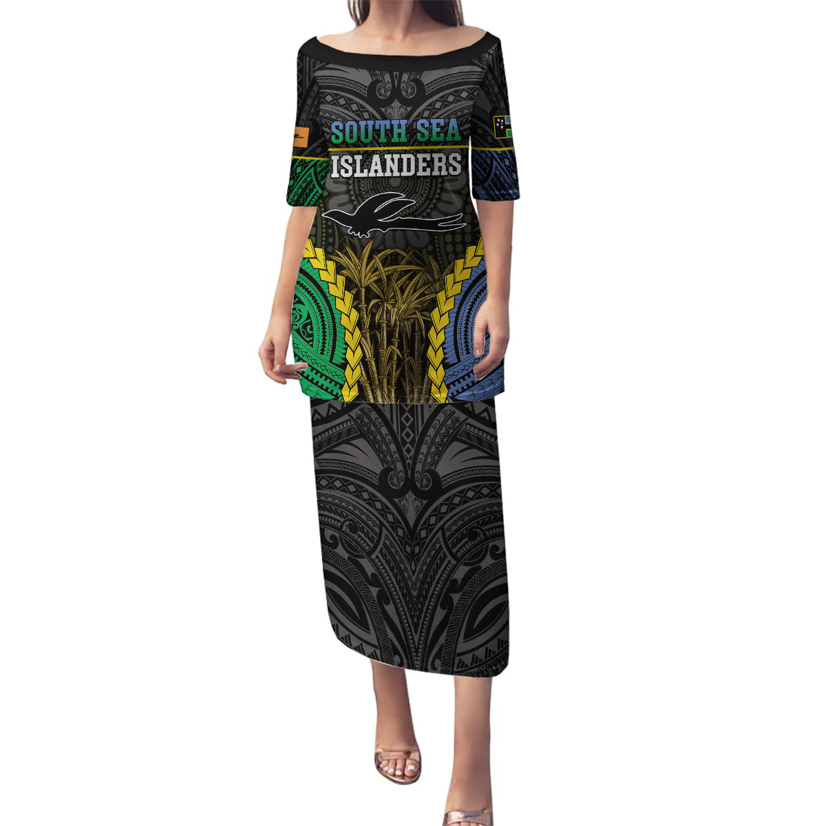 Personalised South Sea Islanders And New Ireland Family Matching Puletasi and Hawaiian Shirt Kanakas Polynesian Pattern LT05 Mom's Dress Black - Polynesian Pride