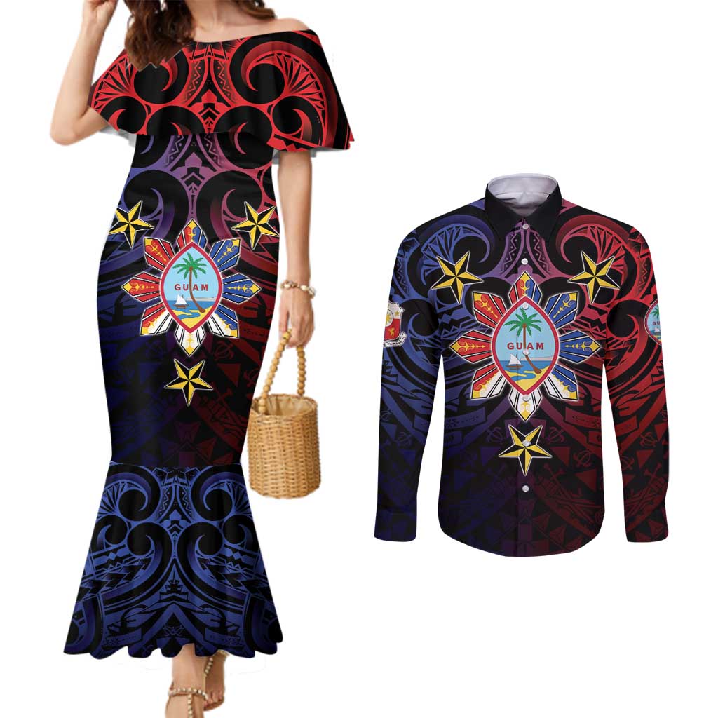 Philippines Guam Couples Matching Mermaid Dress and Long Sleeve Button Shirt Filipino Sun With Guaman Seal