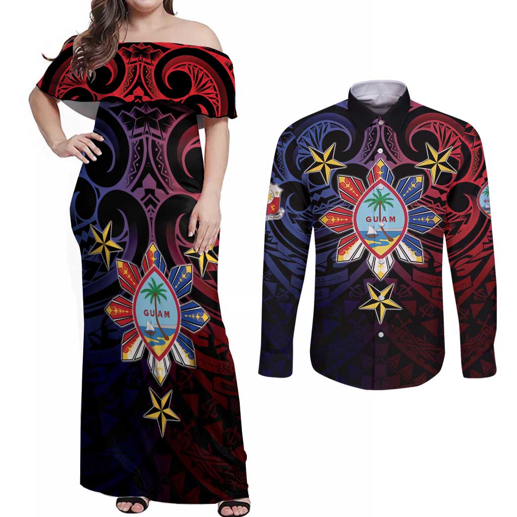 Philippines Guam Couples Matching Off Shoulder Maxi Dress and Long Sleeve Button Shirt Filipino Sun With Guaman Seal