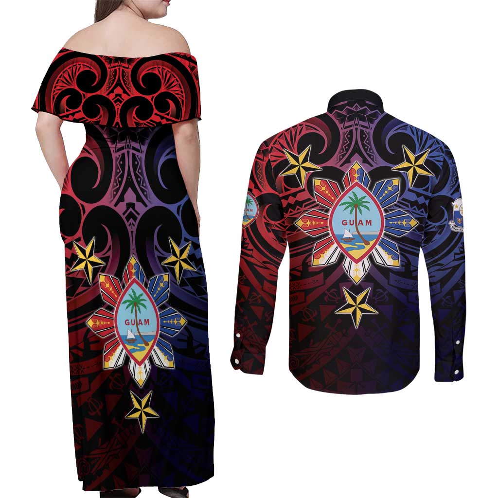 Philippines Guam Couples Matching Off Shoulder Maxi Dress and Long Sleeve Button Shirt Filipino Sun With Guaman Seal