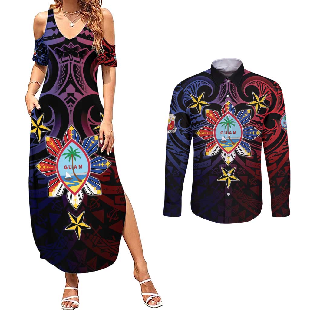 Philippines Guam Couples Matching Summer Maxi Dress and Long Sleeve Button Shirt Filipino Sun With Guaman Seal