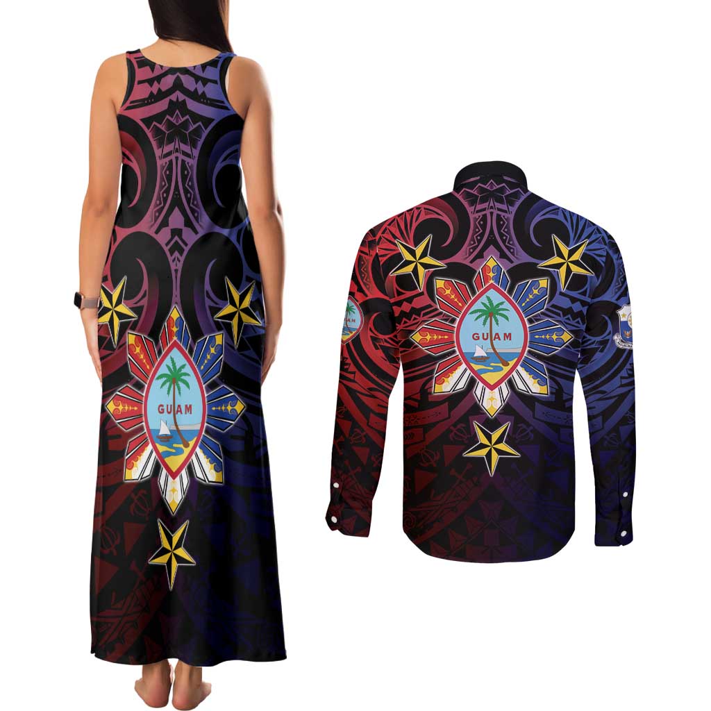 Philippines Guam Couples Matching Tank Maxi Dress and Long Sleeve Button Shirt Filipino Sun With Guaman Seal
