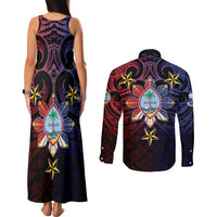Philippines Guam Couples Matching Tank Maxi Dress and Long Sleeve Button Shirt Filipino Sun With Guaman Seal