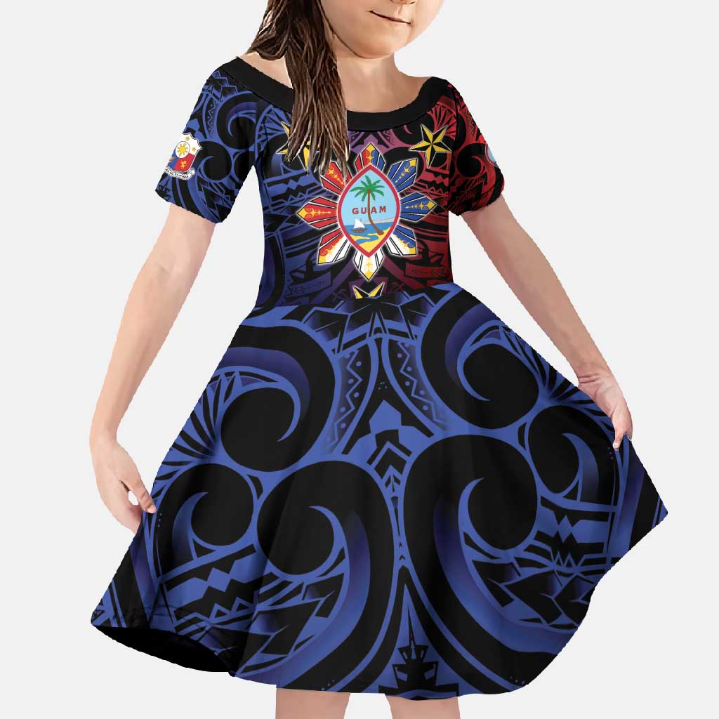 Philippines Guam Family Matching Long Sleeve Bodycon Dress and Hawaiian Shirt Filipino Sun With Guaman Seal LT05 Daughter's Dress Blue - Polynesian Pride