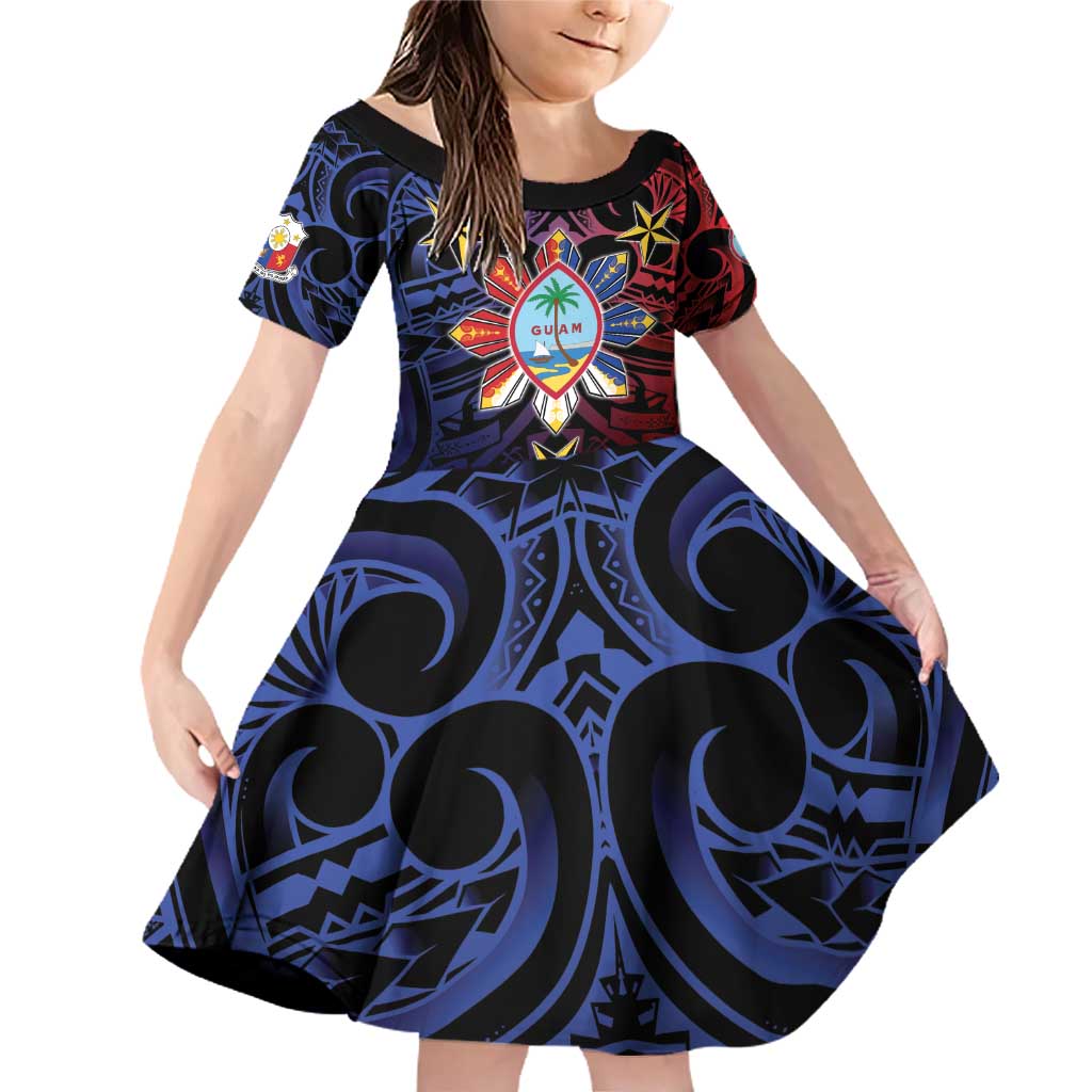Philippines Guam Family Matching Off Shoulder Short Dress and Hawaiian Shirt Filipino Sun With Guaman Seal LT05 Daughter's Dress Blue - Polynesian Pride