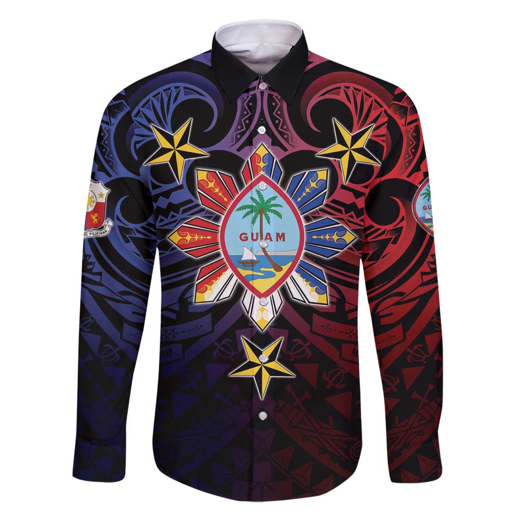 Philippines Guam Family Matching Off Shoulder Short Dress and Hawaiian Shirt Filipino Sun With Guaman Seal LT05 Dad's Shirt - Long Sleeve Blue - Polynesian Pride