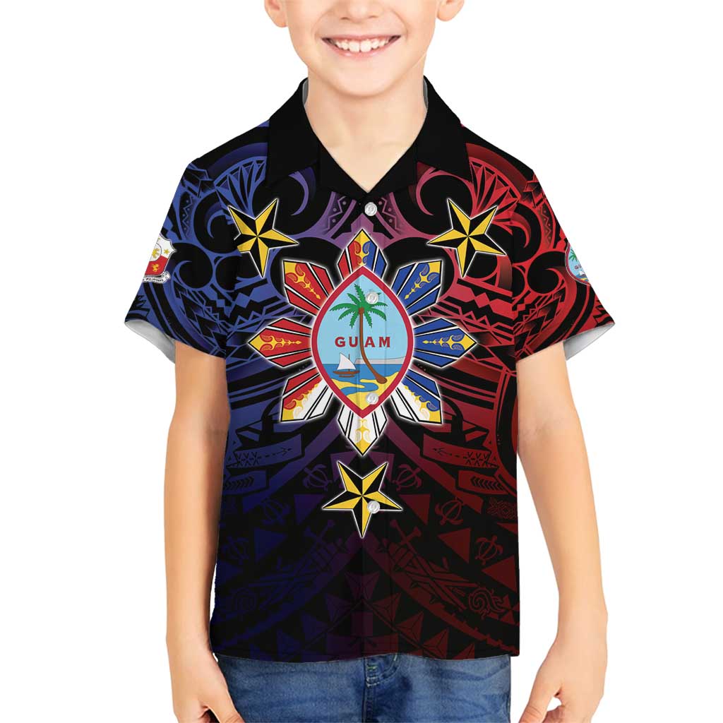 Philippines Guam Family Matching Off Shoulder Short Dress and Hawaiian Shirt Filipino Sun With Guaman Seal LT05 Son's Shirt Blue - Polynesian Pride