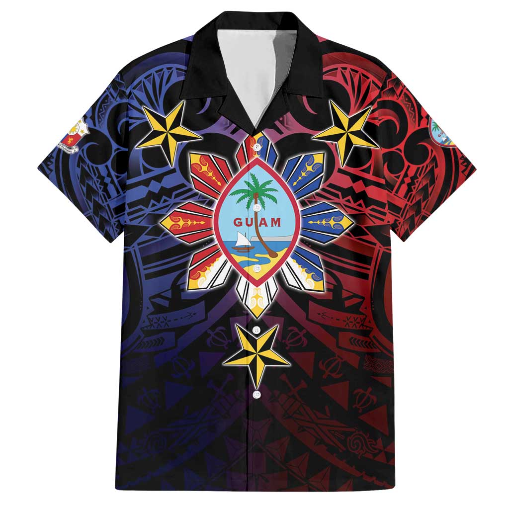 Philippines Guam Family Matching Short Sleeve Bodycon Dress and Hawaiian Shirt Filipino Sun With Guaman Seal LT05 Dad's Shirt - Short Sleeve Blue - Polynesian Pride