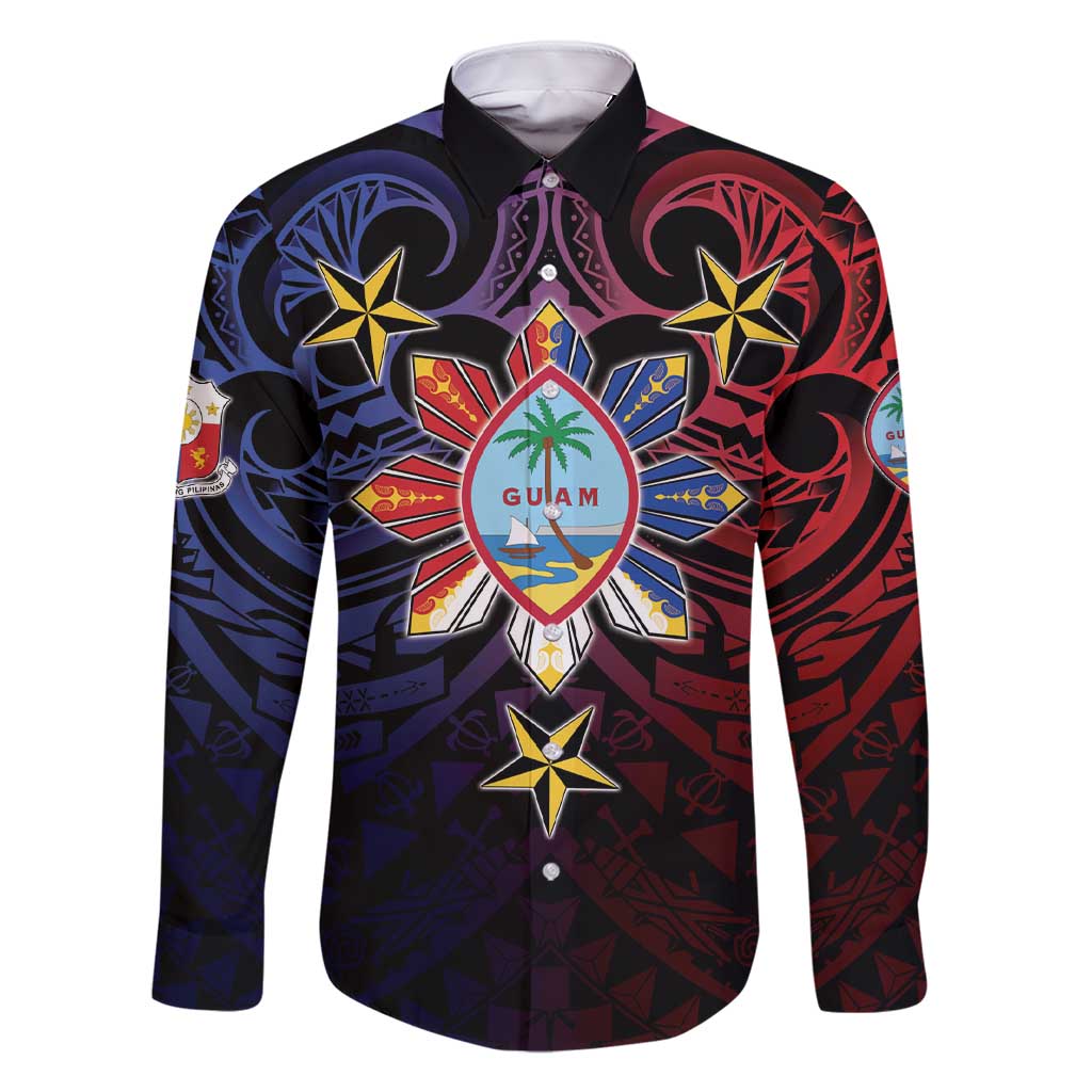 Philippines Guam Family Matching Short Sleeve Bodycon Dress and Hawaiian Shirt Filipino Sun With Guaman Seal LT05 Dad's Shirt - Long Sleeve Blue - Polynesian Pride