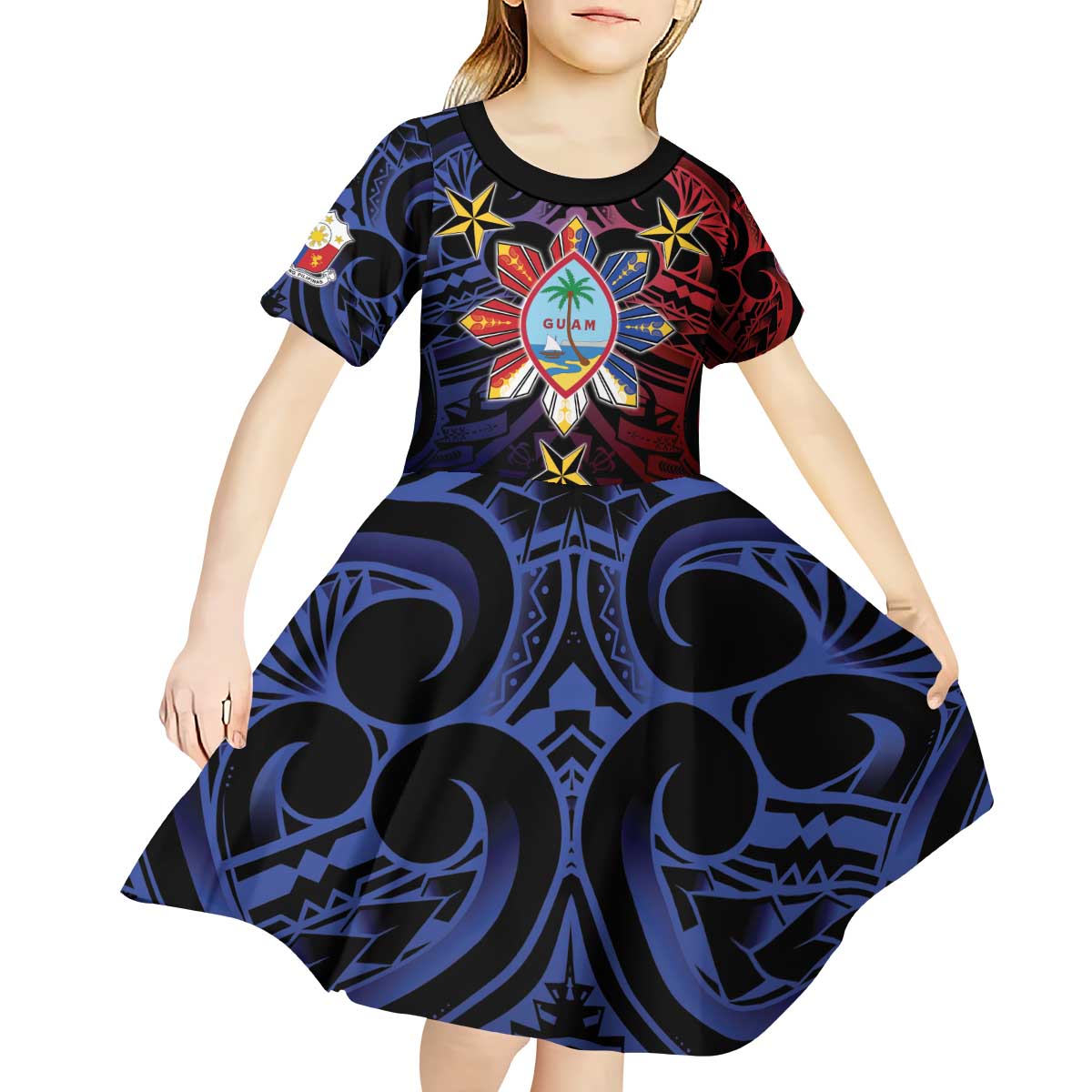 Philippines Guam Kid Short Sleeve Dress Filipino Sun With Guaman Seal