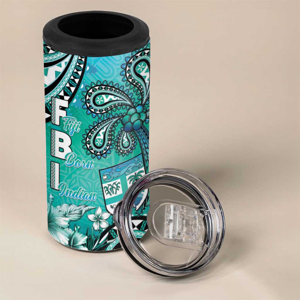 Fiji Born Indian 4 in 1 Can Cooler Tumbler Palm Paisley With Tapa Pattern