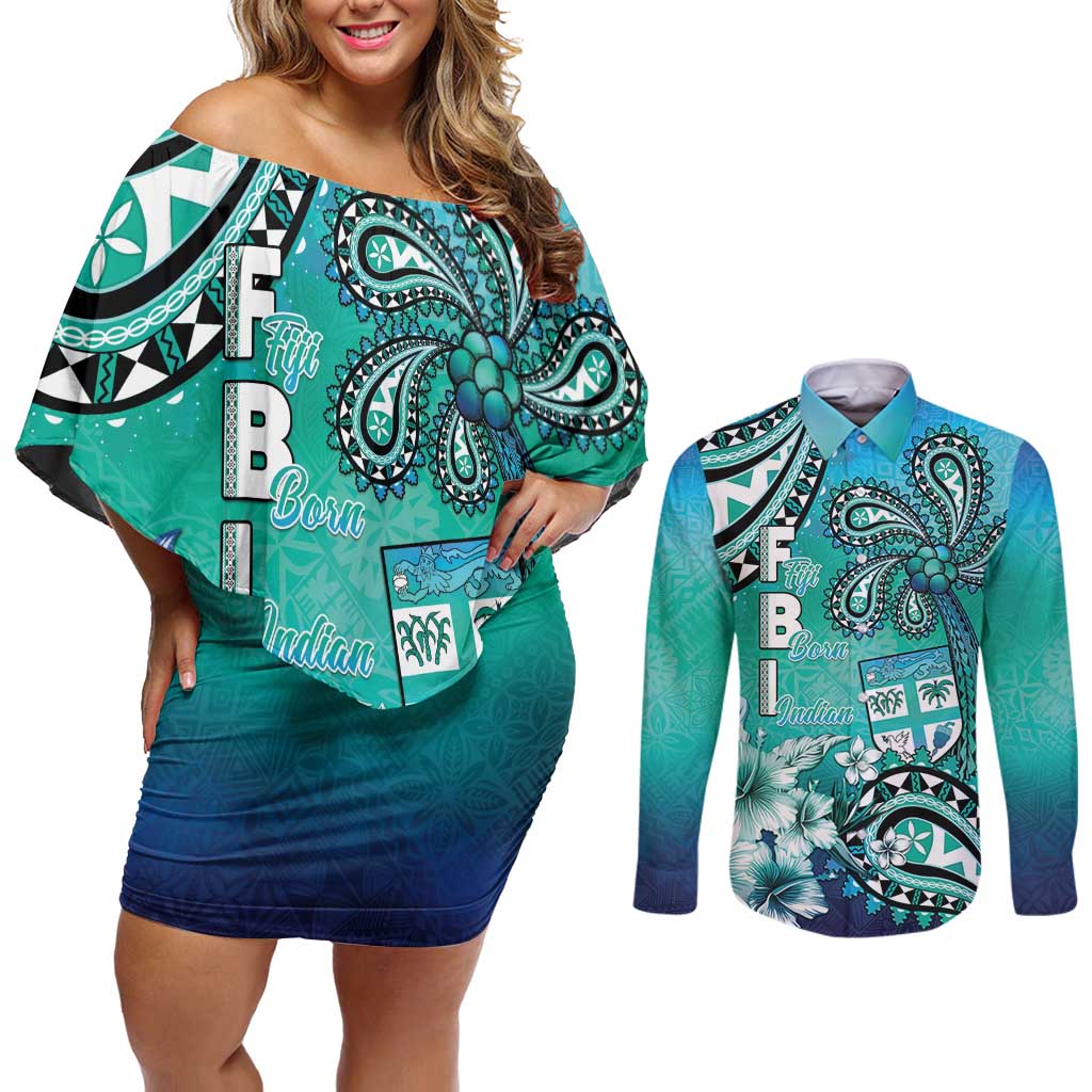 Fiji Born Indian Couples Matching Off Shoulder Short Dress and Long Sleeve Button Shirt Palm Paisley With Tapa Pattern