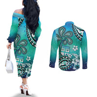 Fiji Born Indian Couples Matching Off The Shoulder Long Sleeve Dress and Long Sleeve Button Shirt Palm Paisley With Tapa Pattern
