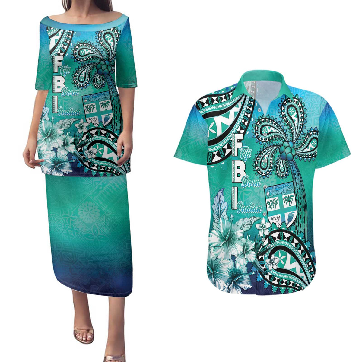 Fiji Born Indian Couples Matching Puletasi and Hawaiian Shirt Palm Paisley With Tapa Pattern