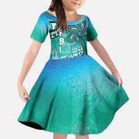 Fiji Born Indian Family Matching Long Sleeve Bodycon Dress and Hawaiian Shirt Palm Paisley With Tapa Pattern LT05 Daughter's Dress Aqua - Polynesian Pride