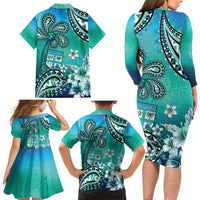 Fiji Born Indian Family Matching Long Sleeve Bodycon Dress and Hawaiian Shirt Palm Paisley With Tapa Pattern LT05 - Polynesian Pride