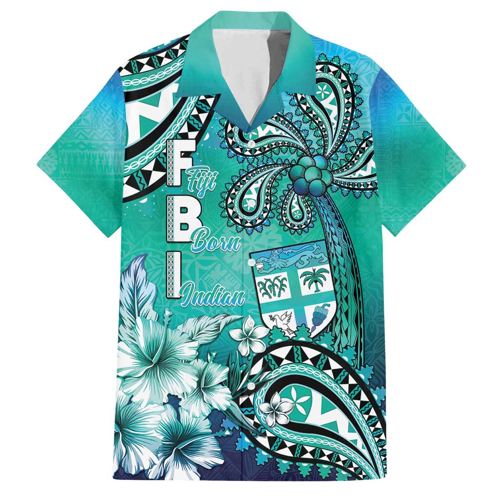 Fiji Born Indian Family Matching Long Sleeve Bodycon Dress and Hawaiian Shirt Palm Paisley With Tapa Pattern LT05 Dad's Shirt - Short Sleeve Aqua - Polynesian Pride