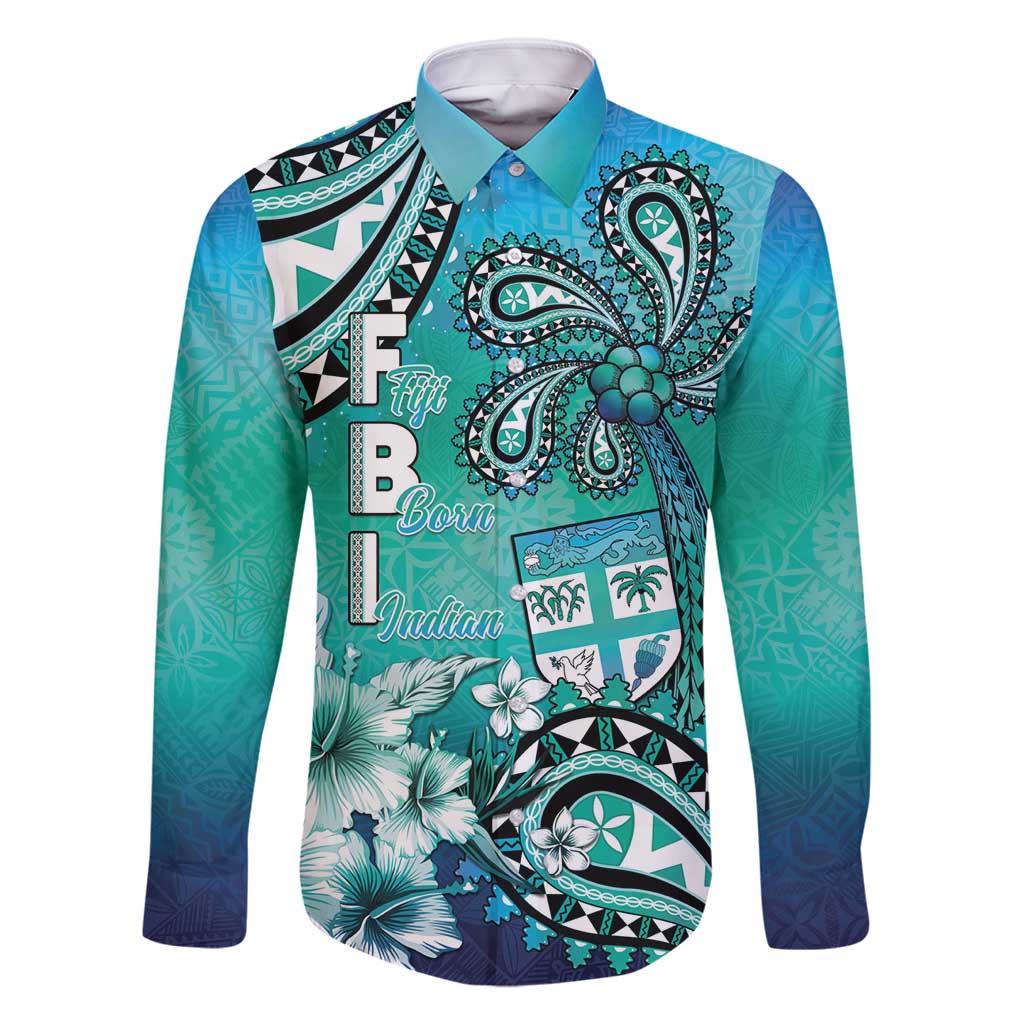 Fiji Born Indian Family Matching Mermaid Dress and Hawaiian Shirt Palm Paisley With Tapa Pattern LT05 Dad's Shirt - Long Sleeve Aqua - Polynesian Pride