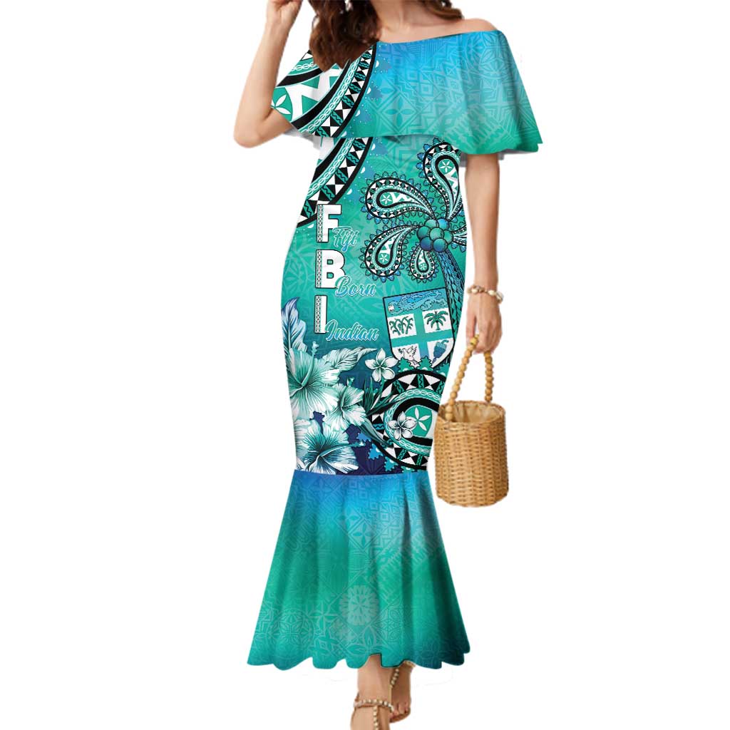 Fiji Born Indian Family Matching Mermaid Dress and Hawaiian Shirt Palm Paisley With Tapa Pattern LT05 Mom's Dress Aqua - Polynesian Pride