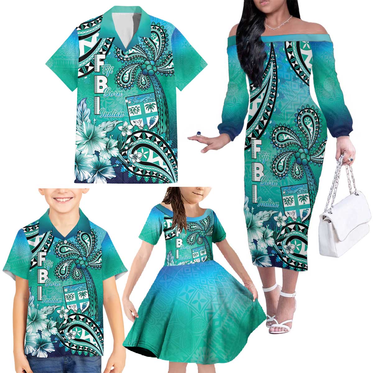 Fiji Born Indian Family Matching Off The Shoulder Long Sleeve Dress and Hawaiian Shirt Palm Paisley With Tapa Pattern LT05 - Polynesian Pride