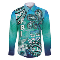Fiji Born Indian Family Matching Off The Shoulder Long Sleeve Dress and Hawaiian Shirt Palm Paisley With Tapa Pattern LT05 Dad's Shirt - Long Sleeve Aqua - Polynesian Pride