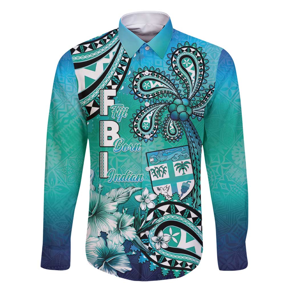 Fiji Born Indian Family Matching Short Sleeve Bodycon Dress and Hawaiian Shirt Palm Paisley With Tapa Pattern LT05 Dad's Shirt - Long Sleeve Aqua - Polynesian Pride