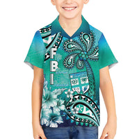 Fiji Born Indian Family Matching Short Sleeve Bodycon Dress and Hawaiian Shirt Palm Paisley With Tapa Pattern LT05 Son's Shirt Aqua - Polynesian Pride
