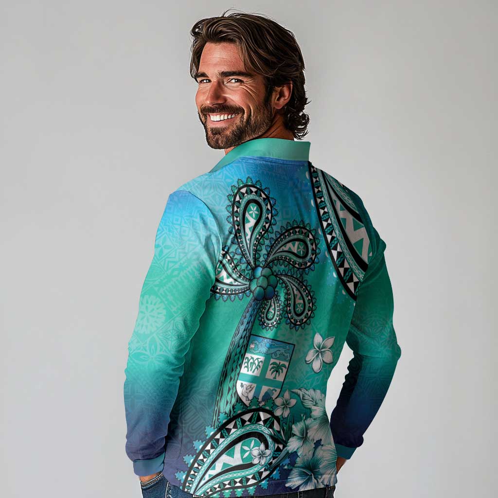 Fiji Born Indian Long Sleeve Polo Shirt Palm Paisley With Tapa Pattern