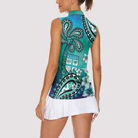 Fiji Born Indian Women Sleeveless Polo Shirt Palm Paisley With Tapa Pattern