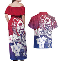 Guam Gadao Couples Matching Off Shoulder Maxi Dress and Hawaiian Shirt Hafa Adai Micronesian Tribal Pattern