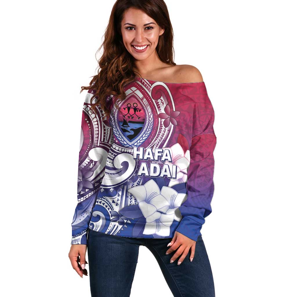 Guam Gadao Off Shoulder Sweater Hafa Adai Micronesian Tribal Pattern