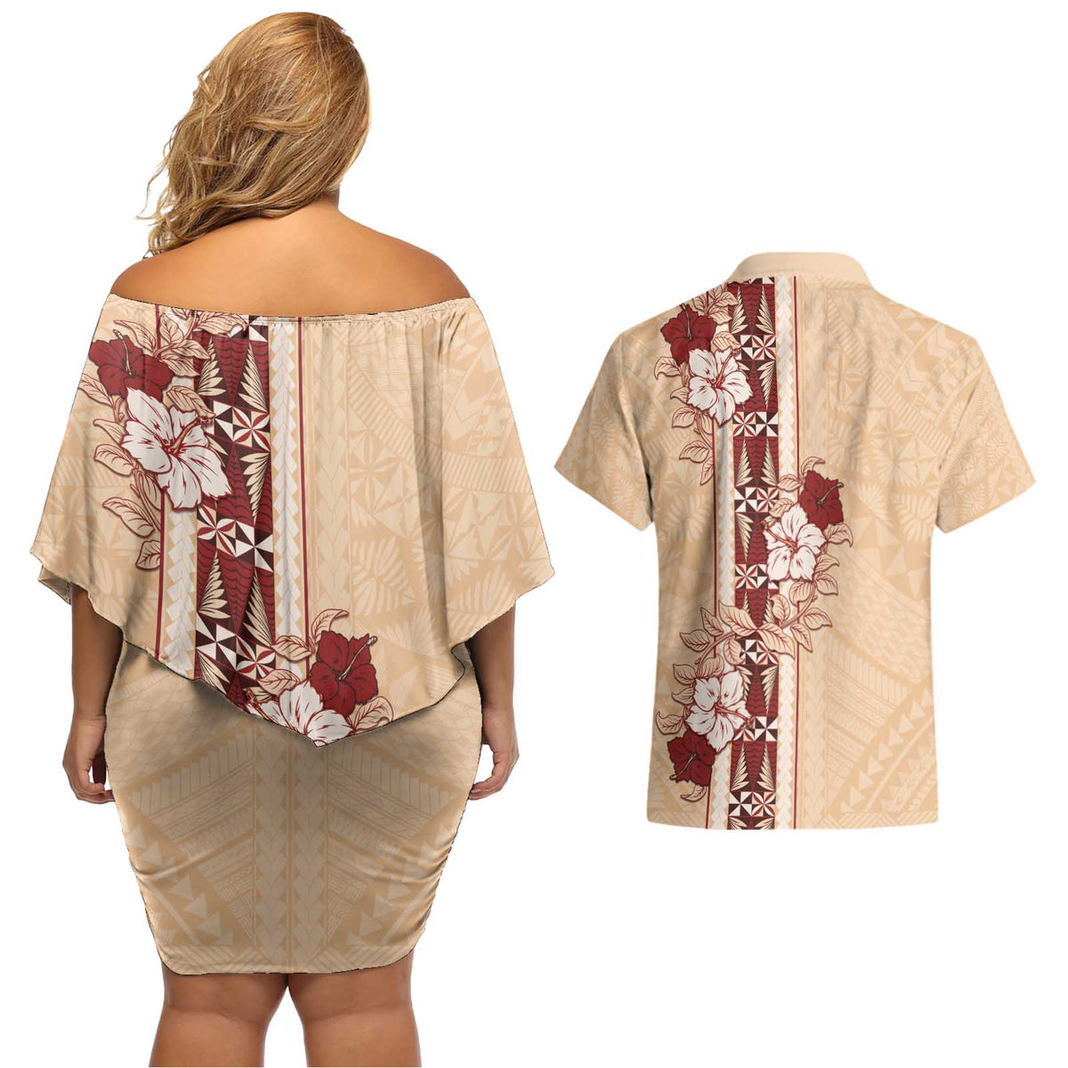 Tonga Language Week Couples Matching Off Shoulder Short Dress and Hawaiian Shirt Hibiscus Tongan Ngatu Pattern LT05 - Polynesian Pride