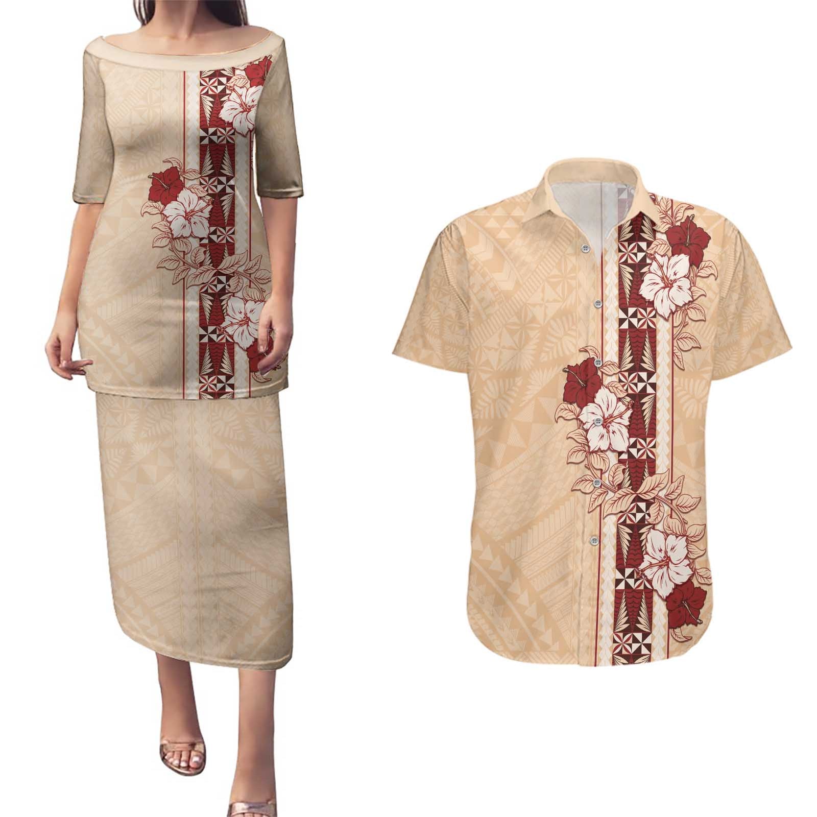 Tonga Language Week Couples Matching Puletasi and Hawaiian Shirt Hibiscus Tongan Ngatu Pattern