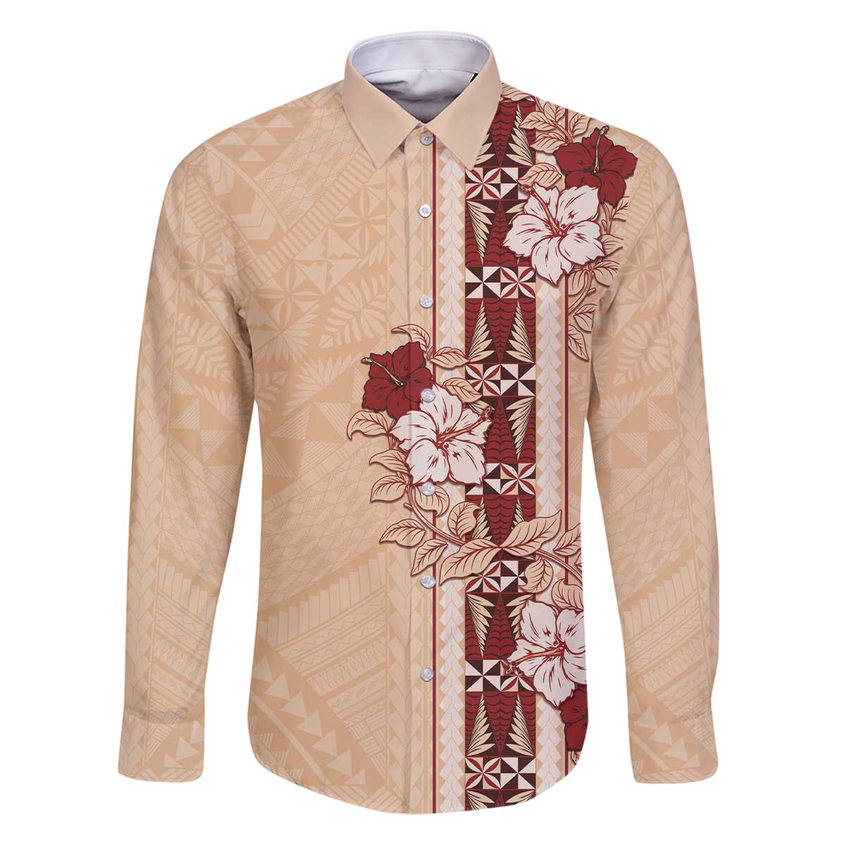Tonga Language Week Family Matching Puletasi and Hawaiian Shirt Hibiscus Tongan Ngatu Pattern LT05 Dad's Shirt - Long Sleeve Beige - Polynesian Pride