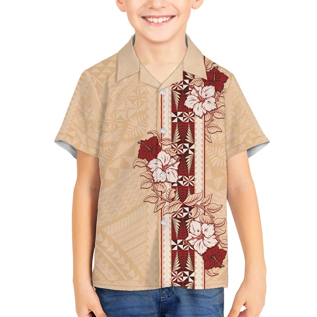 Tonga Language Week Family Matching Puletasi and Hawaiian Shirt Hibiscus Tongan Ngatu Pattern LT05 Son's Shirt Beige - Polynesian Pride