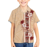 Tonga Language Week Family Matching Puletasi and Hawaiian Shirt Hibiscus Tongan Ngatu Pattern LT05 Son's Shirt Beige - Polynesian Pride