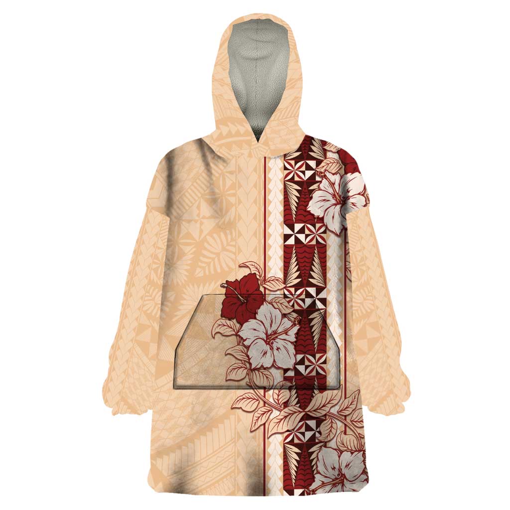 Tonga Language Week Wearable Blanket Hoodie Hibiscus Tongan Ngatu Pattern
