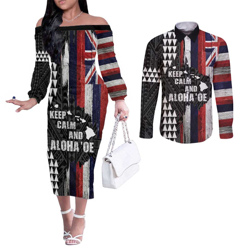 Hawaii 1959 Statehood Day Couples Matching Off The Shoulder Long Sleeve Dress and Long Sleeve Button Shirt Classic Style