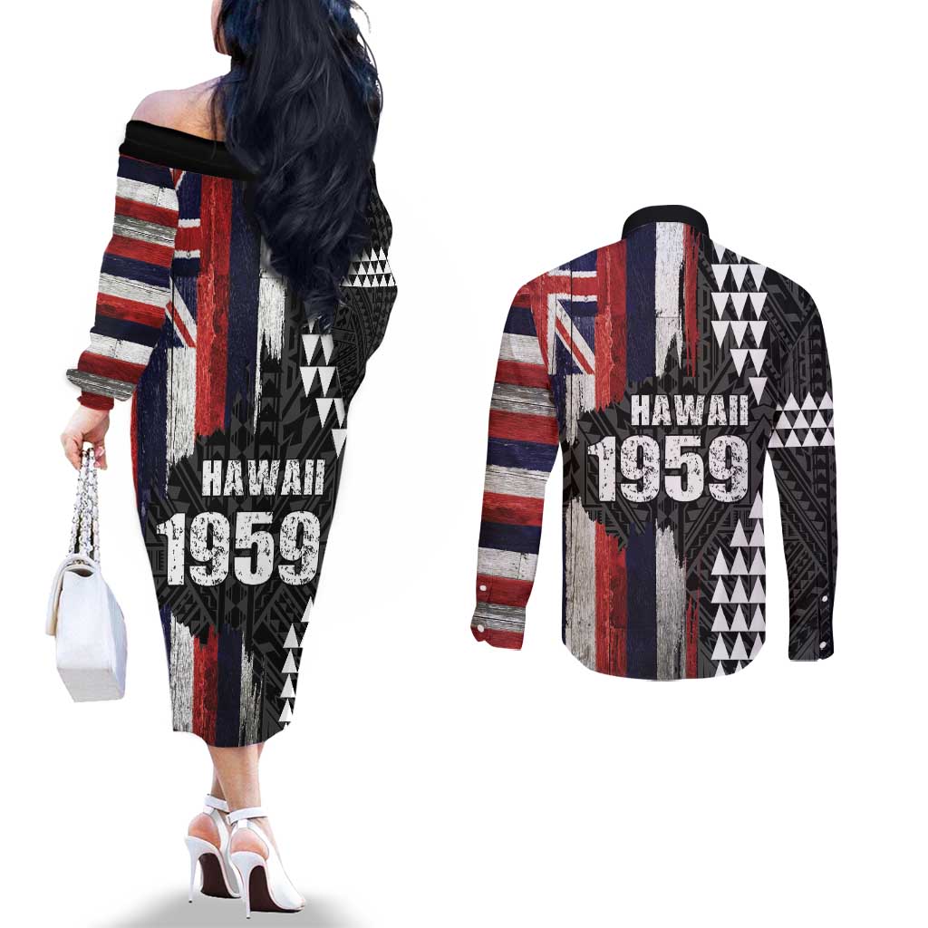 Hawaii 1959 Statehood Day Couples Matching Off The Shoulder Long Sleeve Dress and Long Sleeve Button Shirt Classic Style