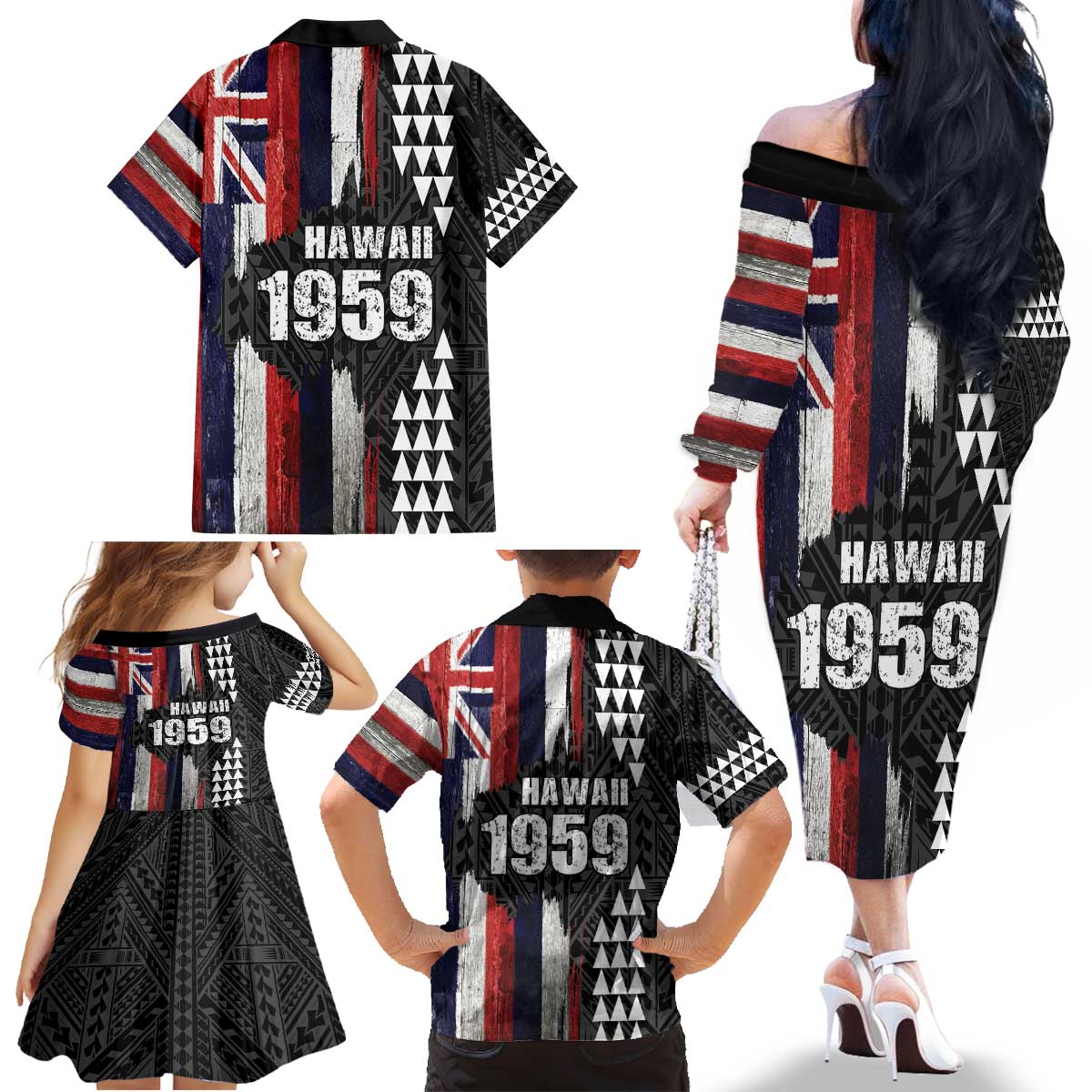 Hawaii 1959 Statehood Day Family Matching Off The Shoulder Long Sleeve Dress and Hawaiian Shirt Classic Style LT05 - Polynesian Pride