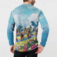 Hawaii Outrigger Canoe Race Button Sweatshirt Polynesian Style Watercolor Style