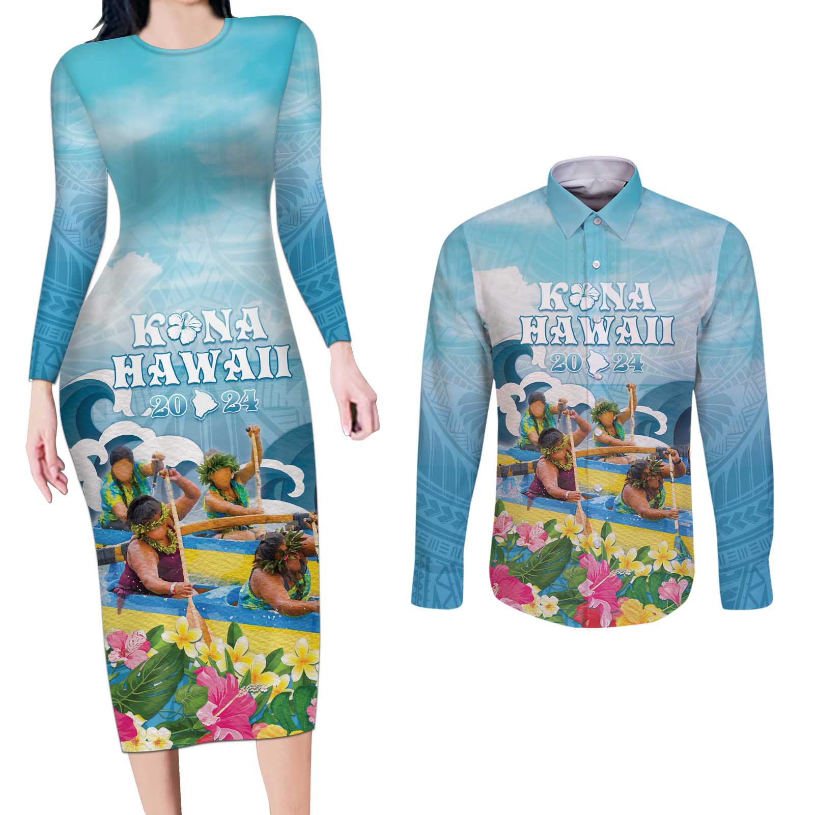 Hawaii Outrigger Canoe Race Couples Matching Long Sleeve Bodycon Dress and Long Sleeve Button Shirt Polynesian Style Watercolor Style