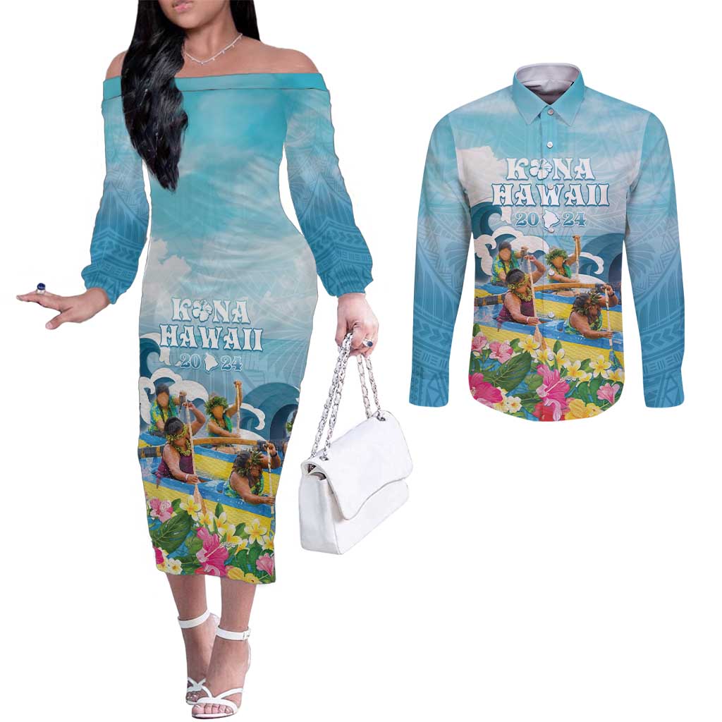 Hawaii Outrigger Canoe Race Couples Matching Off The Shoulder Long Sleeve Dress and Long Sleeve Button Shirt Polynesian Style Watercolor Style