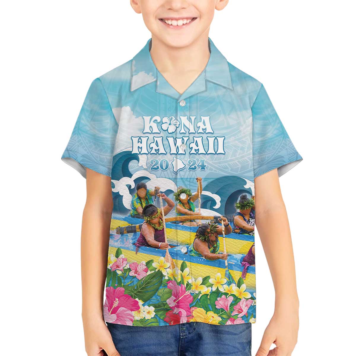 Hawaii Outrigger Canoe Race Family Matching Off The Shoulder Long Sleeve Dress and Hawaiian Shirt Polynesian Style Watercolor Style LT05 Son's Shirt Blue - Polynesian Pride